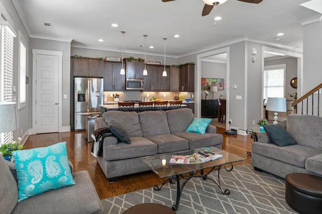 1976 Boyd Trace Ln NW, Atlanta, GA 30318 - living room with a ceiling fan, wood finished floors, recessed lighting, stairway, and ornamental molding