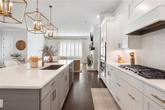 kitchen with light countertops, premium range hood, a sink, and appliances with stainless steel finishes