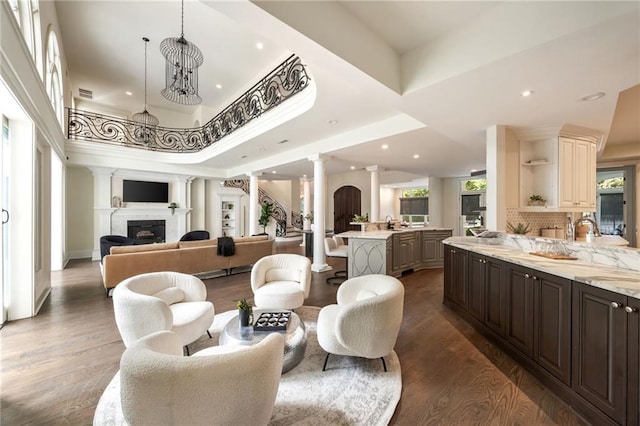 interior space featuring ornate columns, a raised ceiling, and dark hardwood / wood-style flooring