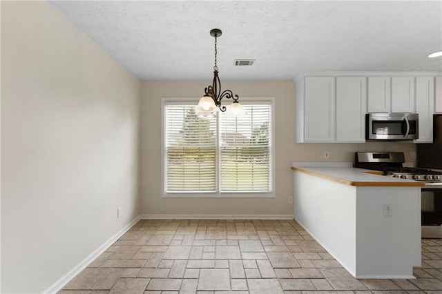 16 Kentucky Walk NE, Cartersville, GA 30121 - kitchen featuring stainless steel appliances, a chandelier, white cabinetry, baseboards, and a textured ceiling