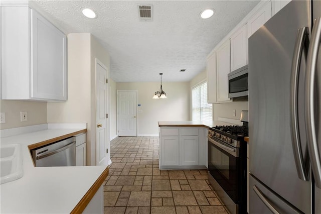 16 Kentucky Walk NE, Cartersville, GA 30121 - kitchen with stainless steel appliances, a peninsula, white cabinets, baseboards, and a textured ceiling