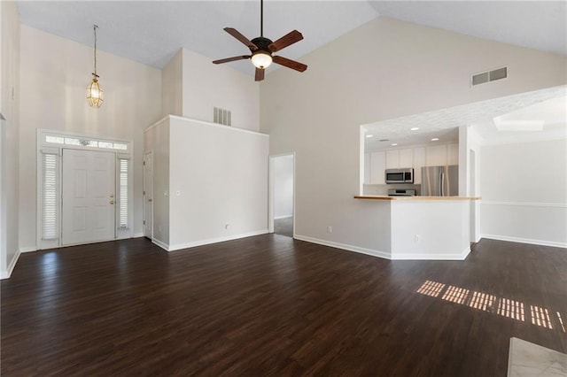 16 Kentucky Walk NE, Cartersville, GA 30121 - unfurnished living room featuring high vaulted ceiling, a ceiling fan, wood finished floors, and baseboards