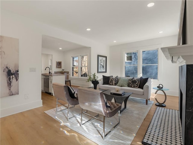 living room featuring light hardwood / wood-style flooring and sink