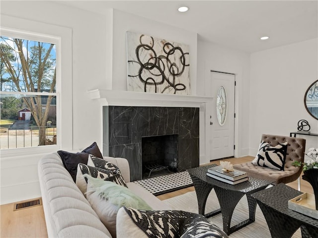 living room featuring hardwood / wood-style flooring and a premium fireplace