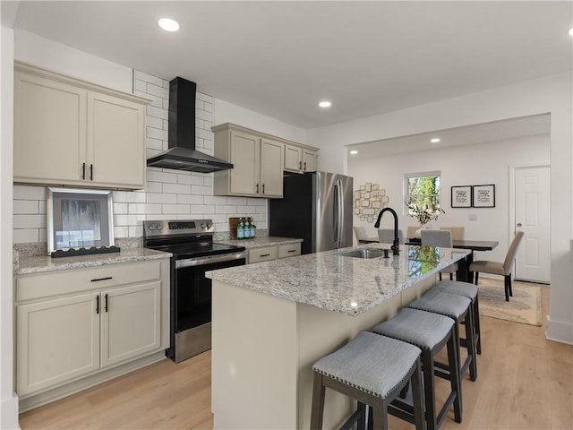 kitchen with sink, wall chimney range hood, backsplash, an island with sink, and appliances with stainless steel finishes