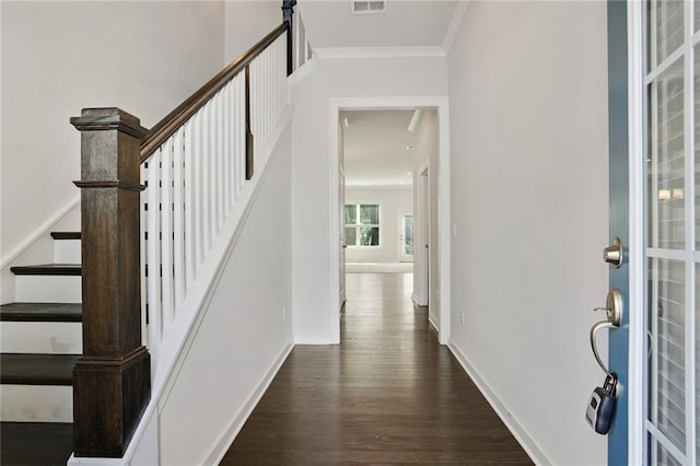 entryway featuring dark wood-style flooring, crown molding, visible vents, baseboards, and stairs