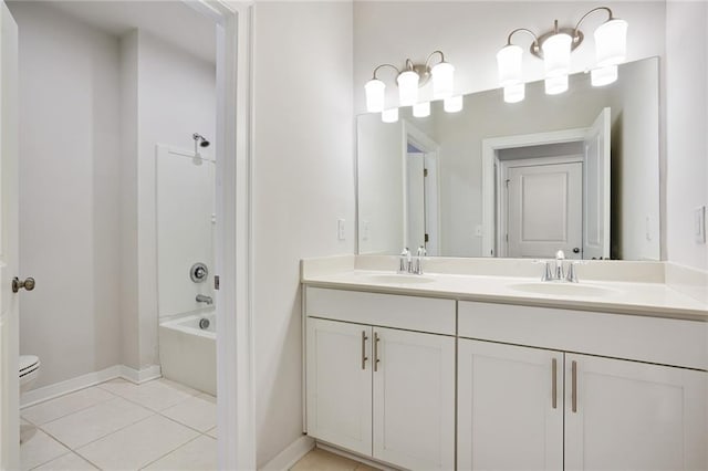 full bath featuring tile patterned flooring, a sink, toilet, and double vanity