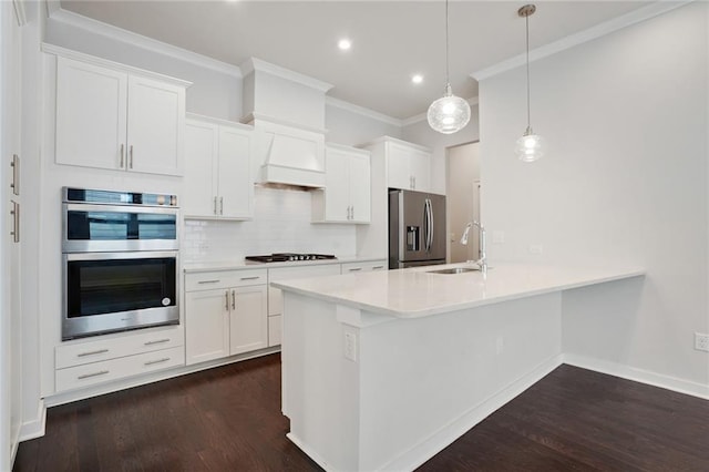 kitchen with decorative backsplash, ornamental molding, stainless steel appliances, premium range hood, and a sink