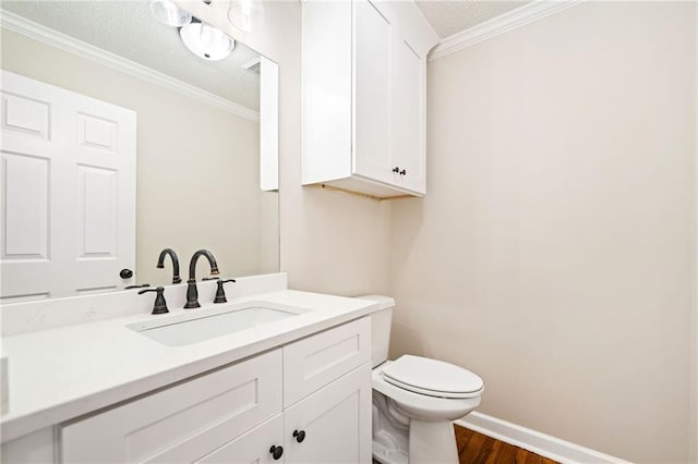 2279 Jerusalem Church Rd, Jasper, GA 30143 - bathroom featuring wood-type flooring, toilet, a textured ceiling, crown molding, and vanity