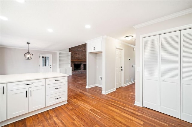 2279 Jerusalem Church Rd, Jasper, GA 30143 - kitchen with pendant lighting, light hardwood / wood-style floors, a fireplace, white cabinets, and ornamental molding