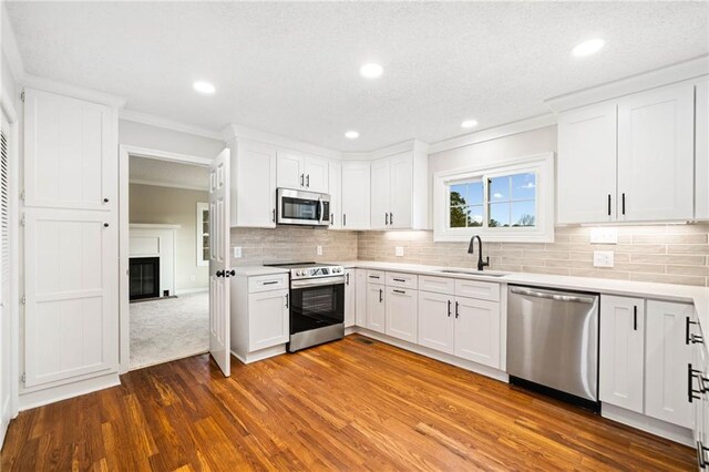 2279 Jerusalem Church Rd, Jasper, GA 30143 - kitchen with white cabinetry, sink, dark wood-type flooring, appliances with stainless steel finishes, and decorative backsplash