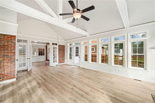 2279 Jerusalem Church Rd, Jasper, GA 30143 - unfurnished sunroom featuring ceiling fan, french doors, vaulted ceiling with beams, and a wealth of natural light
