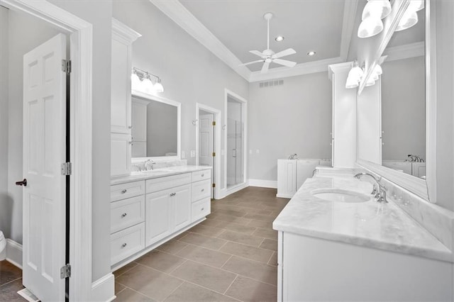 full bathroom with a sink, visible vents, ornamental molding, and ceiling fan