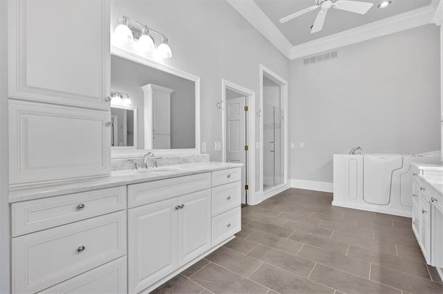 bathroom featuring vanity, visible vents, ceiling fan, ornamental molding, and a shower stall