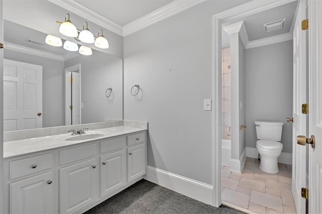 bathroom featuring visible vents, crown molding, baseboards, toilet, and vanity