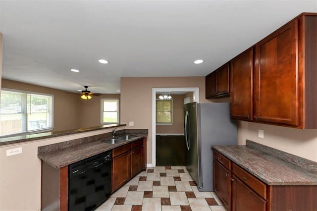 2702 Rollingwood Ln SE, Atlanta, GA 30316 - kitchen featuring dishwasher, freestanding refrigerator, a peninsula, recessed lighting, and a ceiling fan