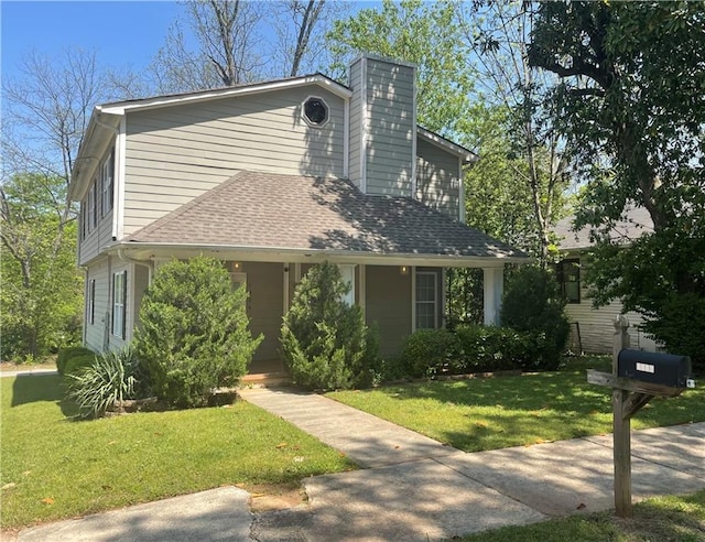view of front of property with a chimney, a front lawn, and roof with shingles
