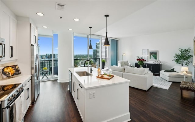 kitchen featuring a wall of windows, visible vents, dark wood-style flooring, a sink, and appliances with stainless steel finishes