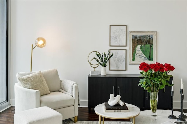 living area featuring baseboards and wood finished floors