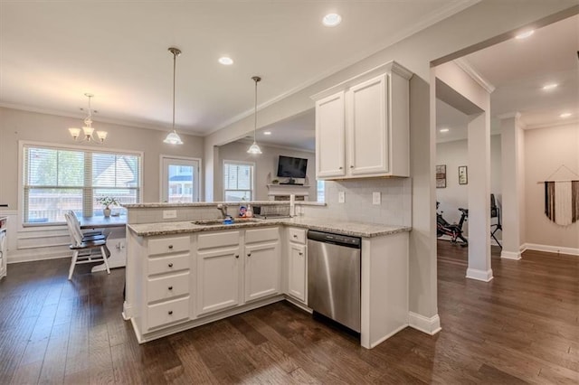 kitchen with dark hardwood / wood-style floors, kitchen peninsula, white cabinetry, and dishwasher