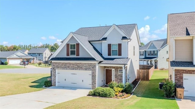 view of front facade featuring a garage, central AC, and a front lawn