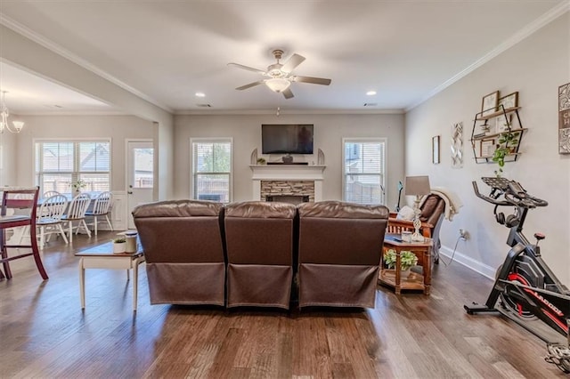 living room featuring a wealth of natural light, hardwood / wood-style flooring, and a fireplace