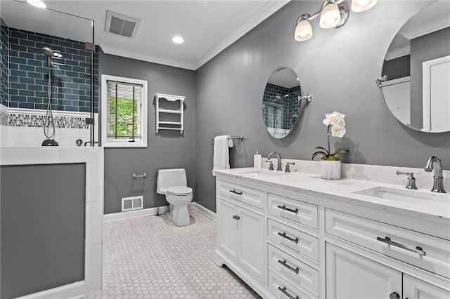 1075 Winding Branch Ln, Atlanta, GA 30338 - full bathroom featuring tiled shower, toilet, baseboards, double vanity, and ornamental molding