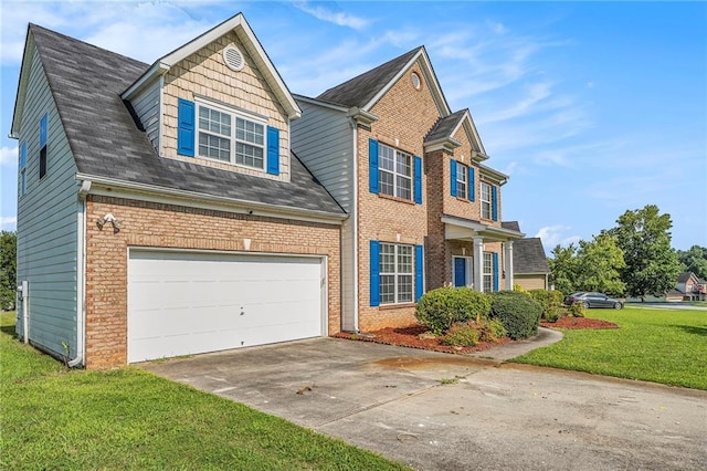 view of front of home with an attached garage, a front lawn, concrete driveway, and brick siding