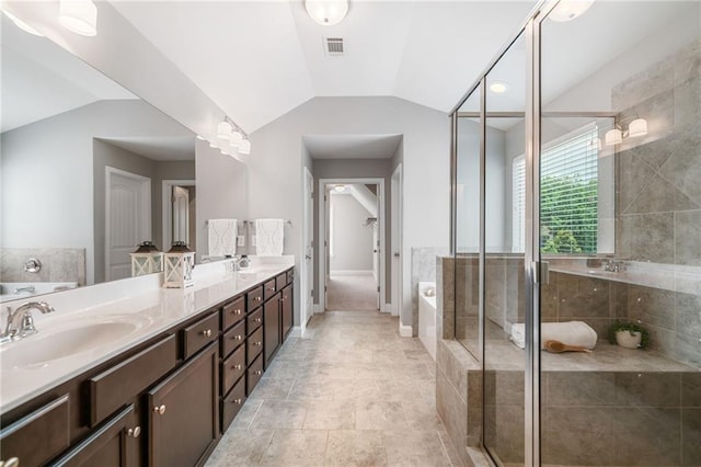 4460 Hunters Walk Way, Cumming, GA 30028 - full bath with a garden tub, double vanity, lofted ceiling, and a stall shower