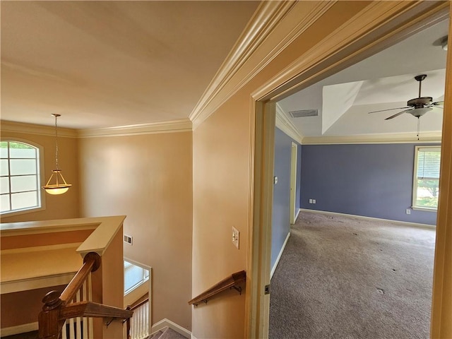 hall with crown molding, a wealth of natural light, visible vents, and an upstairs landing