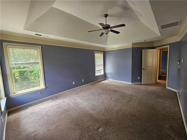 empty room featuring carpet flooring, visible vents, a raised ceiling, and a healthy amount of sunlight