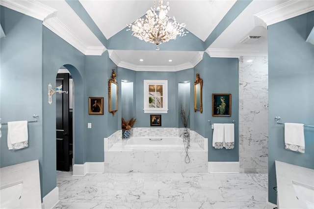 full bathroom with crown molding, a chandelier, recessed lighting, baseboards, and a bath