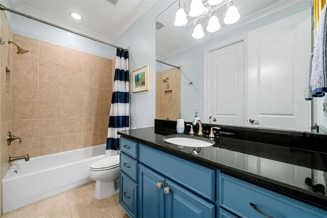 full bathroom with tile patterned flooring, visible vents, vanity, toilet, and shower / bath combo