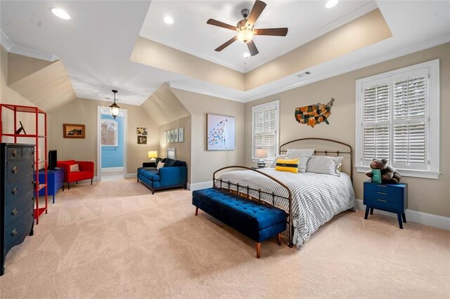 bedroom with light colored carpet, recessed lighting, baseboards, and a raised ceiling
