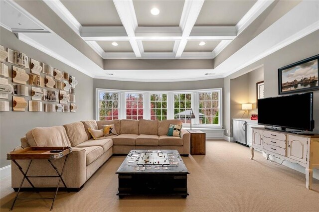 living room with ornamental molding, beamed ceiling, light colored carpet, recessed lighting, and coffered ceiling