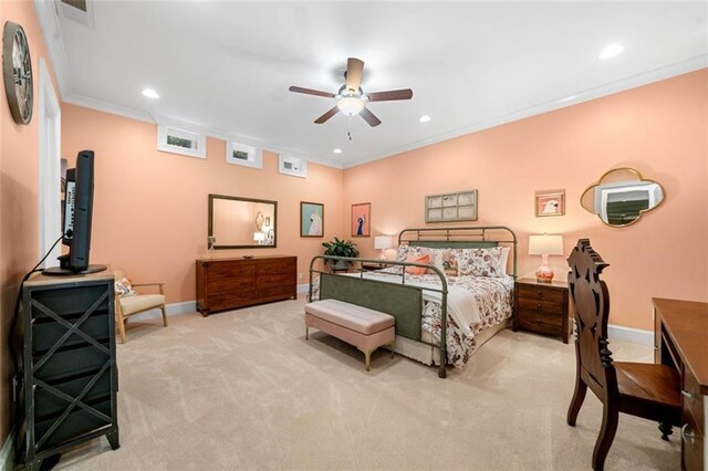 bedroom with crown molding, baseboards, recessed lighting, and light colored carpet