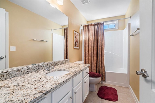 bathroom featuring vanity, visible vents, tile patterned flooring, shower / bath combination with curtain, and toilet