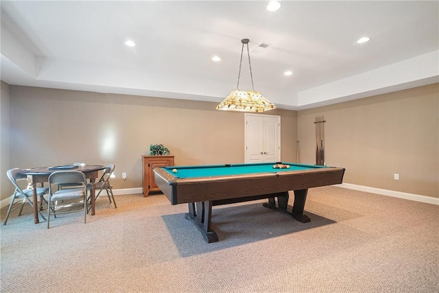 game room with pool table, recessed lighting, baseboards, and light carpet