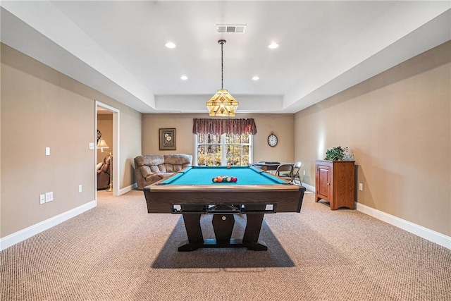 recreation room featuring recessed lighting, carpet flooring, baseboards, and visible vents