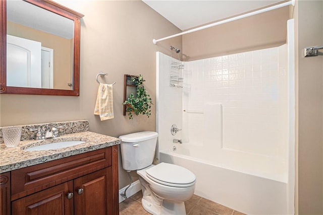 full bath featuring tile patterned floors, shower / bathtub combination, toilet, and vanity