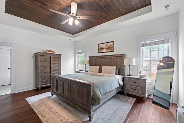 300 Olde Wick Trl, Hoschton, GA 30548 - bedroom featuring a raised ceiling, wooden ceiling, baseboards, dark wood finished floors, and ceiling fan