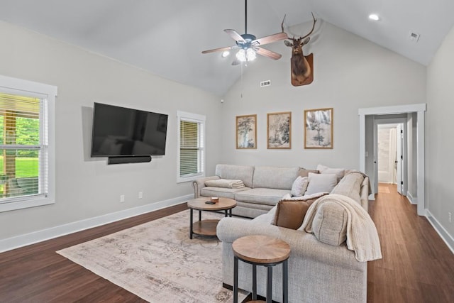 300 Olde Wick Trl, Hoschton, GA 30548 - living area featuring dark wood-type flooring, ceiling fan, high vaulted ceiling, baseboards, and recessed lighting