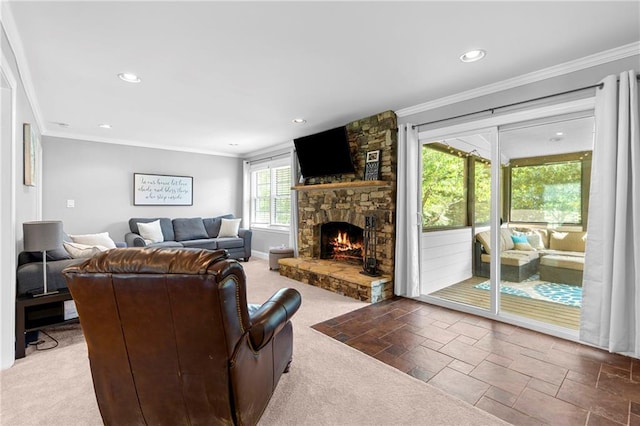 75 Auburn Rd, Auburn, GA 30011 - living area with ornamental molding, a stone fireplace, carpet flooring, recessed lighting, and baseboards