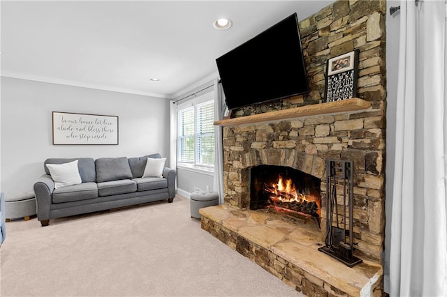 75 Auburn Rd, Auburn, GA 30011 - carpeted living area with a fireplace, crown molding, baseboards, and recessed lighting