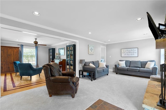 75 Auburn Rd, Auburn, GA 30011 - living room featuring a ceiling fan, recessed lighting, crown molding, and baseboards