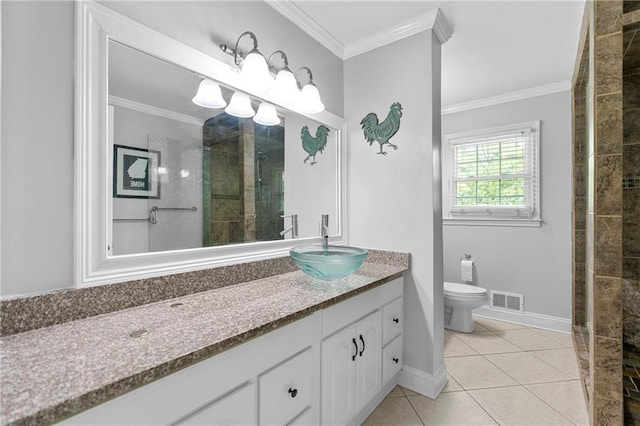 75 Auburn Rd, Auburn, GA 30011 - full bath with vanity, ornamental molding, tiled shower, toilet, and tile patterned floors