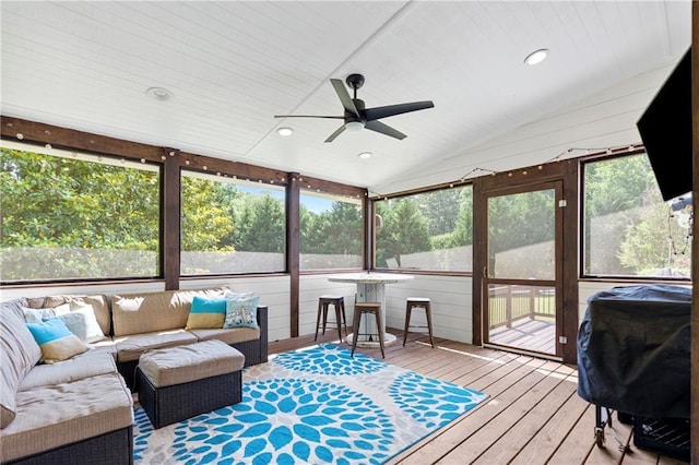 75 Auburn Rd, Auburn, GA 30011 - sunroom featuring an outdoor hangout area, ceiling fan, vaulted ceiling, and plenty of natural light