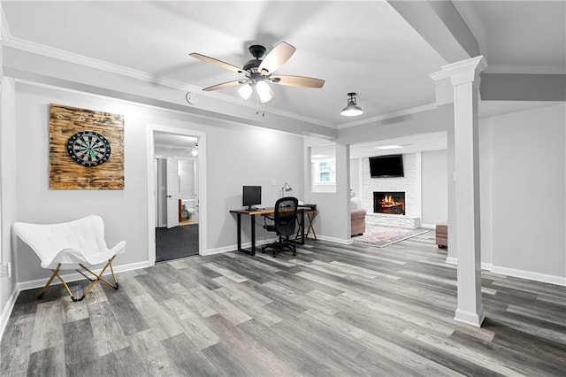 75 Auburn Rd, Auburn, GA 30011 - office area featuring wood finished floors, a fireplace, ceiling fan, baseboards, and ornamental molding