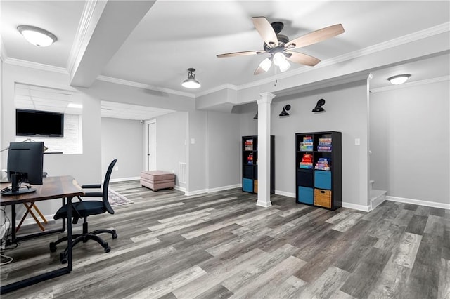 75 Auburn Rd, Auburn, GA 30011 - home office with wood finished floors, baseboards, a ceiling fan, and crown molding