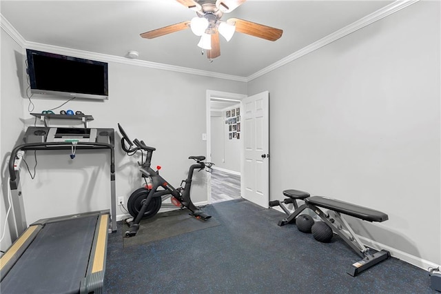 75 Auburn Rd, Auburn, GA 30011 - exercise area featuring ornamental molding, a ceiling fan, and baseboards
